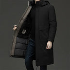 Black Men's Longline Quilted Winter Coat with Hooded Insulated Design — Grayson