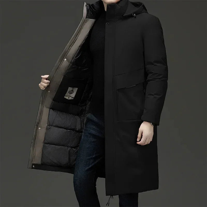 Black Men's Longline Quilted Winter Coat with Hooded Insulated Design — Grayson