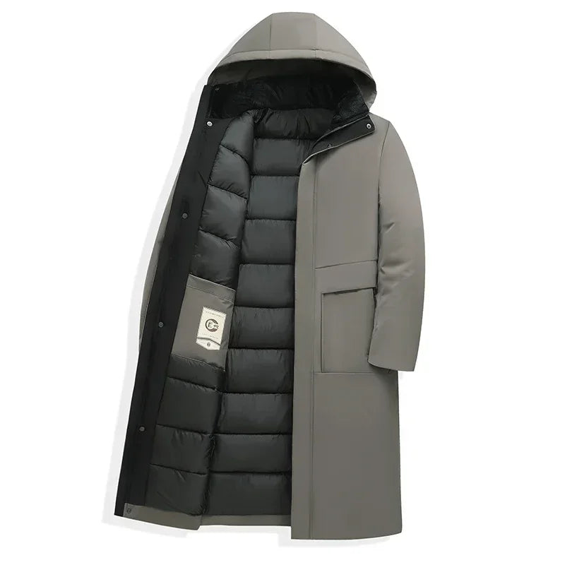 Gray Men's Longline Quilted Winter Coat with Hooded Insulated Design — Grayson - Flat Studio