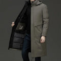 Gray Men's Longline Quilted Winter Coat with Hooded Insulated Design — Grayson