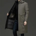 Gray Men's Longline Quilted Winter Coat with Hooded Insulated Design — Grayson