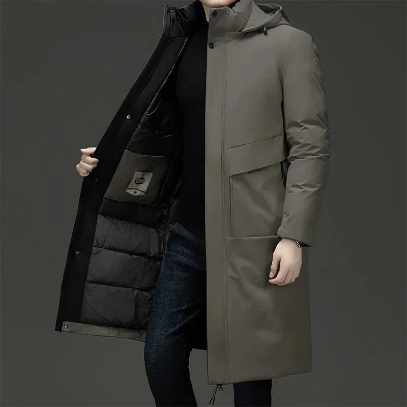 Gray Men's Longline Quilted Winter Coat with Hooded Insulated Design — Grayson
