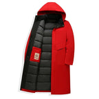 Red Men's Longline Quilted Winter Coat with Hooded Insulated Design — Grayson - Flat Studio