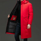 Red Men's Longline Quilted Winter Coat with Hooded Insulated Design — Grayson