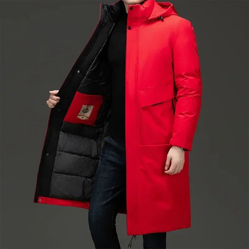 Red Men's Longline Quilted Winter Coat with Hooded Insulated Design — Grayson