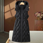 Black Women's Quilted Hooded Vest with Drawstring Waist & Two-Way Zipper