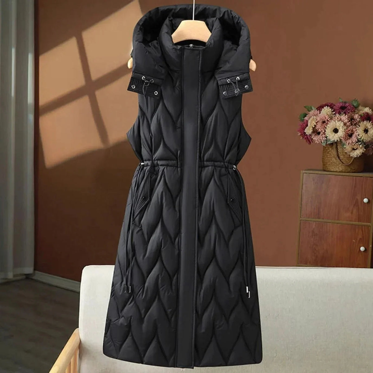 Black Women's Quilted Hooded Vest with Drawstring Waist & Two-Way Zipper