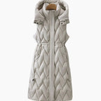 Women's Quilted Hooded Vest with Drawstring Waist & Two-Way Zipper - Front Flat Studio