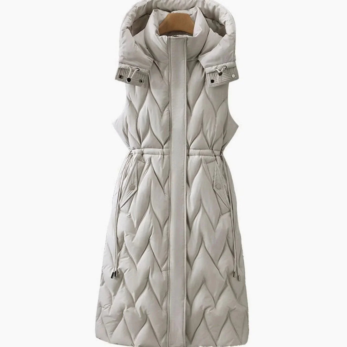 Women's Quilted Hooded Vest with Drawstring Waist & Two-Way Zipper - Front Flat Studio