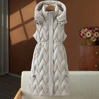 Off-White Women's Quilted Hooded Vest with Drawstring Waist & Two-Way Zipper