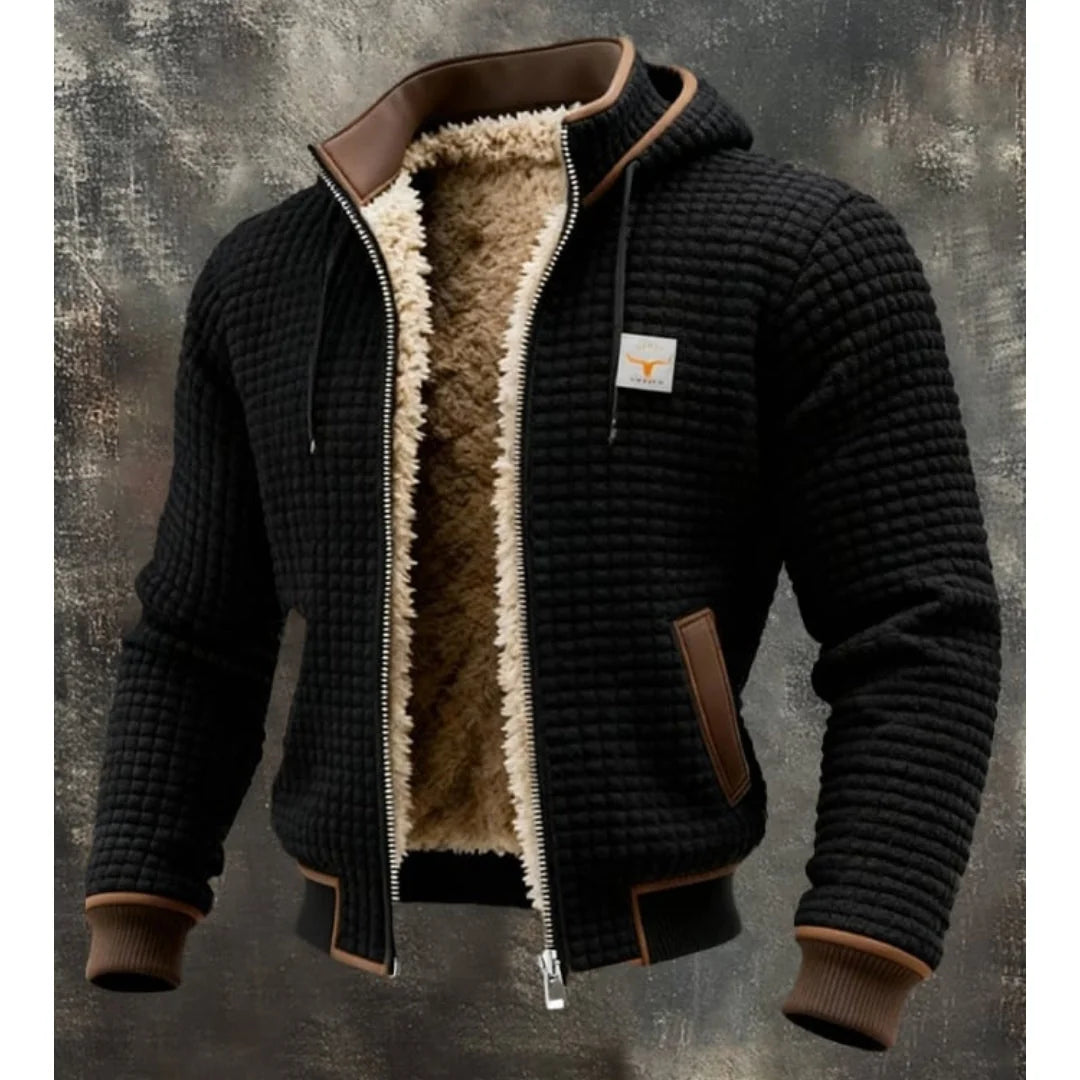 Black Men's Quilted Hooded Winter Jacket with Zip Front & Sherpa Lining