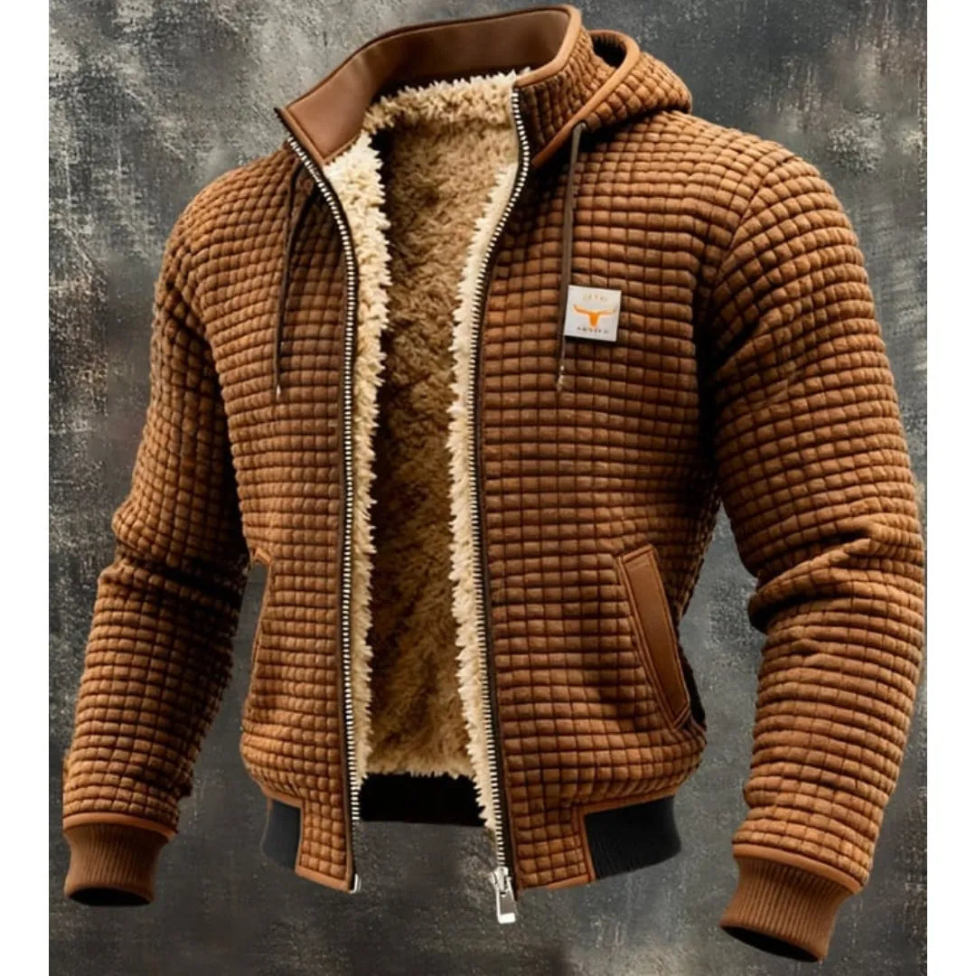 Brown Men's Quilted Hooded Winter Jacket with Zip Front & Sherpa Lining