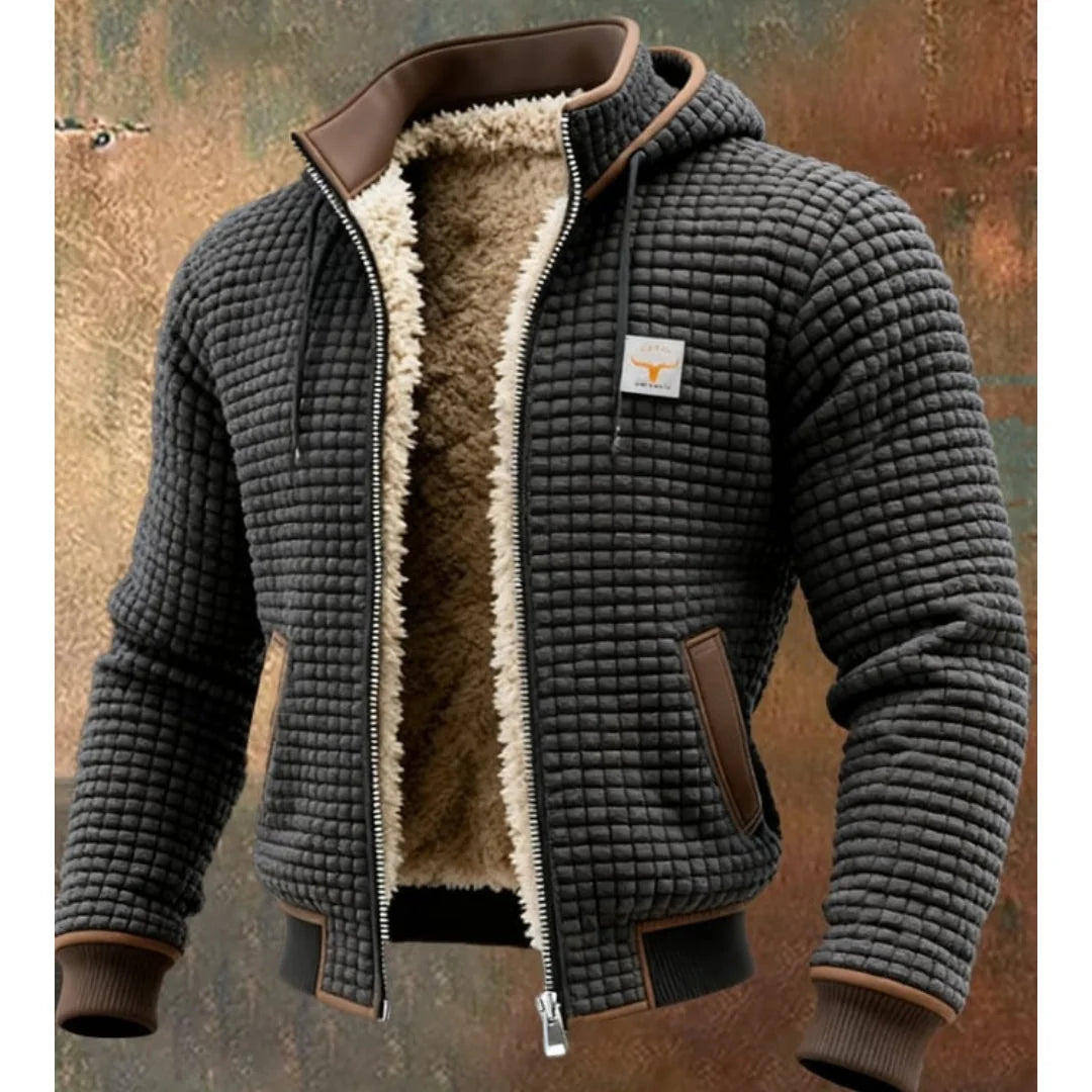 Dark Grey Men's Quilted Hooded Winter Jacket with Zip Front & Sherpa Lining
