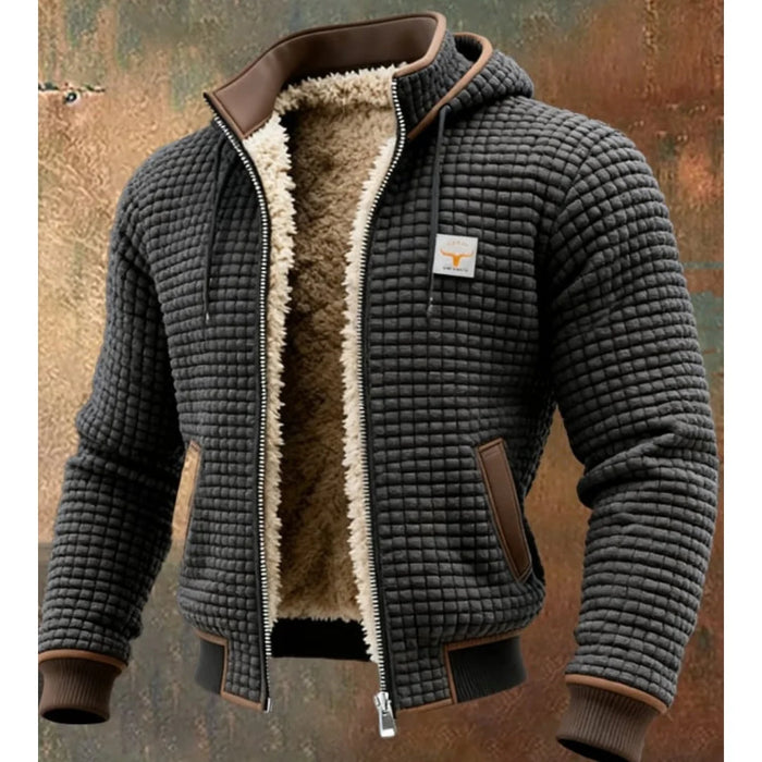 Dark Grey Men's Quilted Hooded Winter Jacket with Zip Front & Sherpa Lining