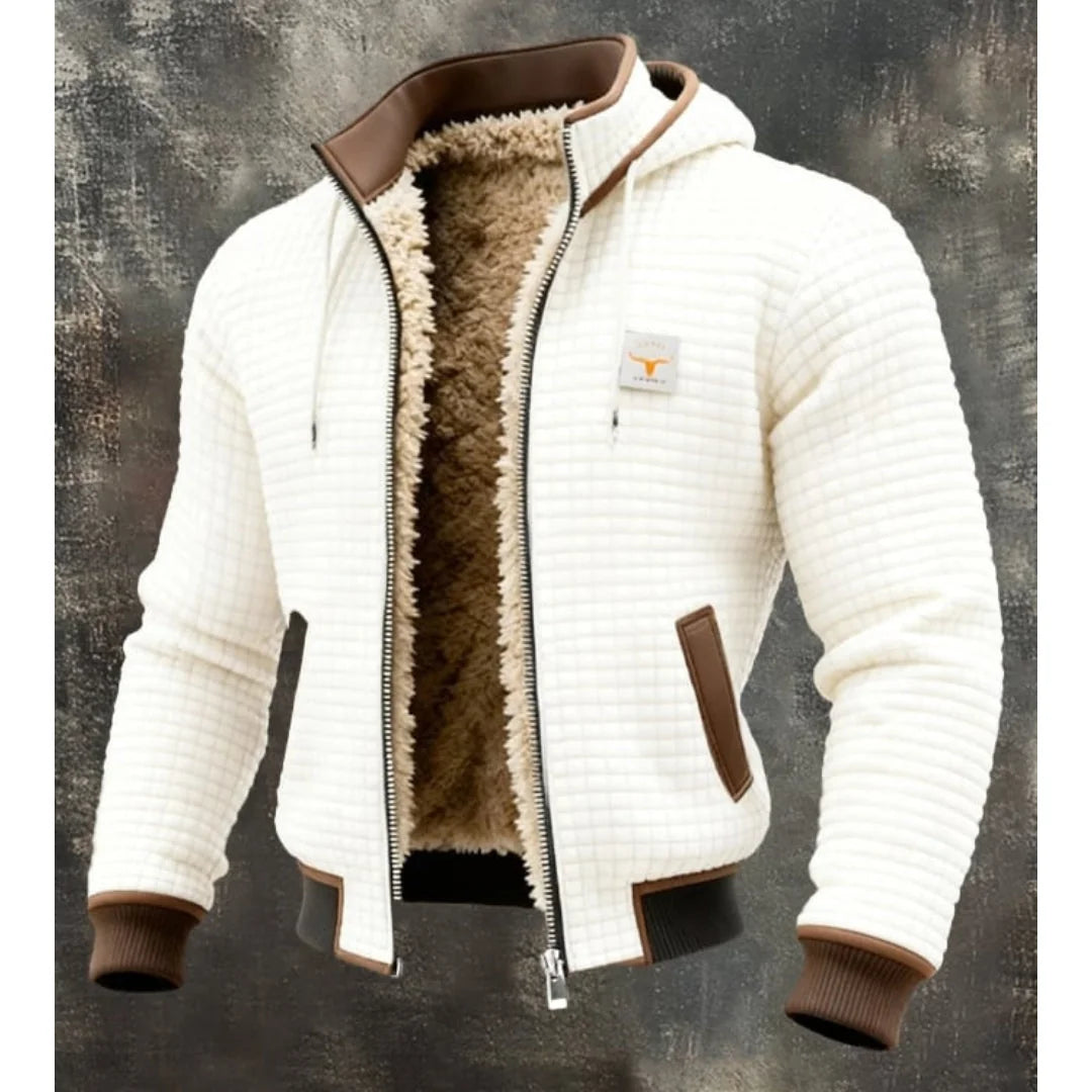 White Men's Quilted Hooded Winter Jacket with Zip Front & Sherpa Lining