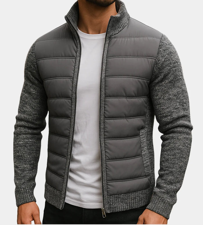 Dark Grey Men's Quilted Jacket with Fleece Lining & Knit Sleeve Detail