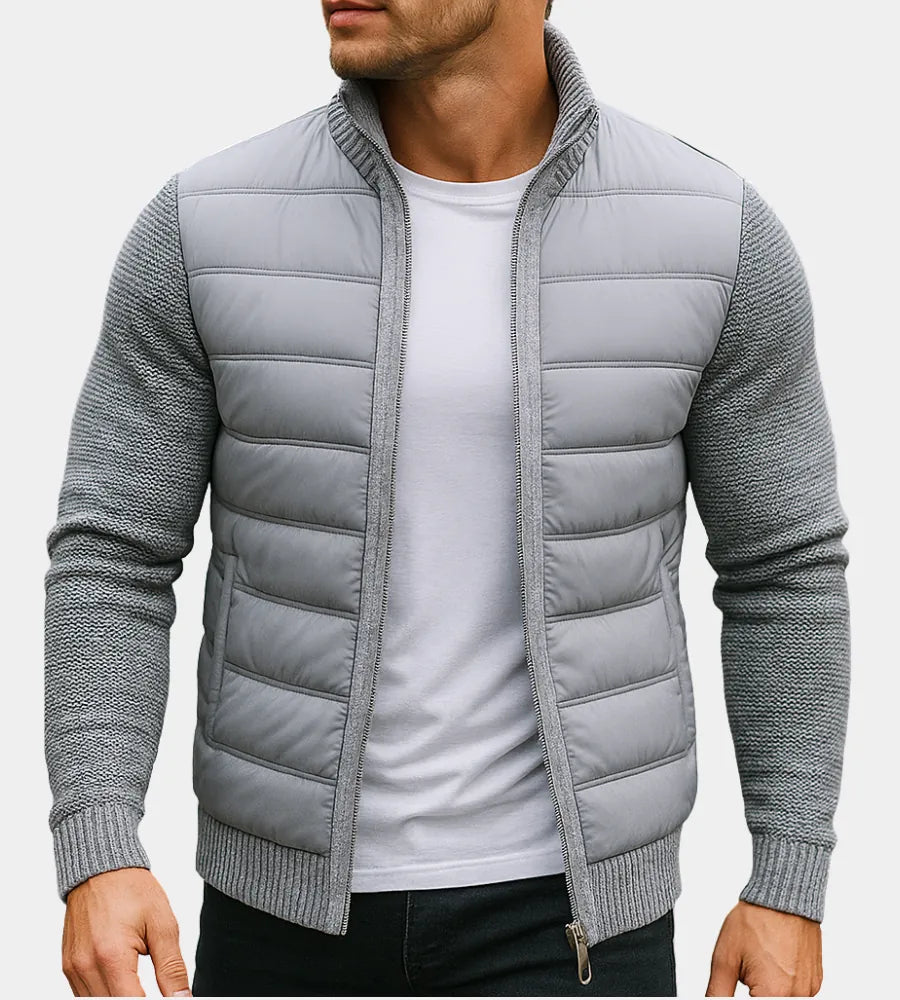 Light Grey Men's Quilted Jacket with Fleece Lining & Knit Sleeve Detail