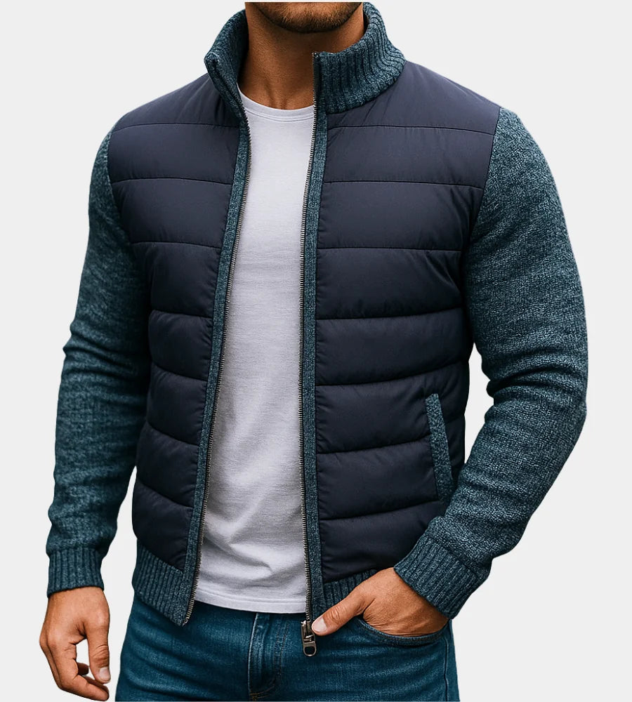 Navy Blue Men's Quilted Jacket with Fleece Lining & Knit Sleeve Detail - Hand In Pocket