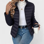Black Women's Quilted Jacket with Stand Collar & Zip Pockets — Lola