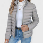Grey Women's Quilted Jacket with Stand Collar & Zip Pockets — Lola - Front Close Red Nails