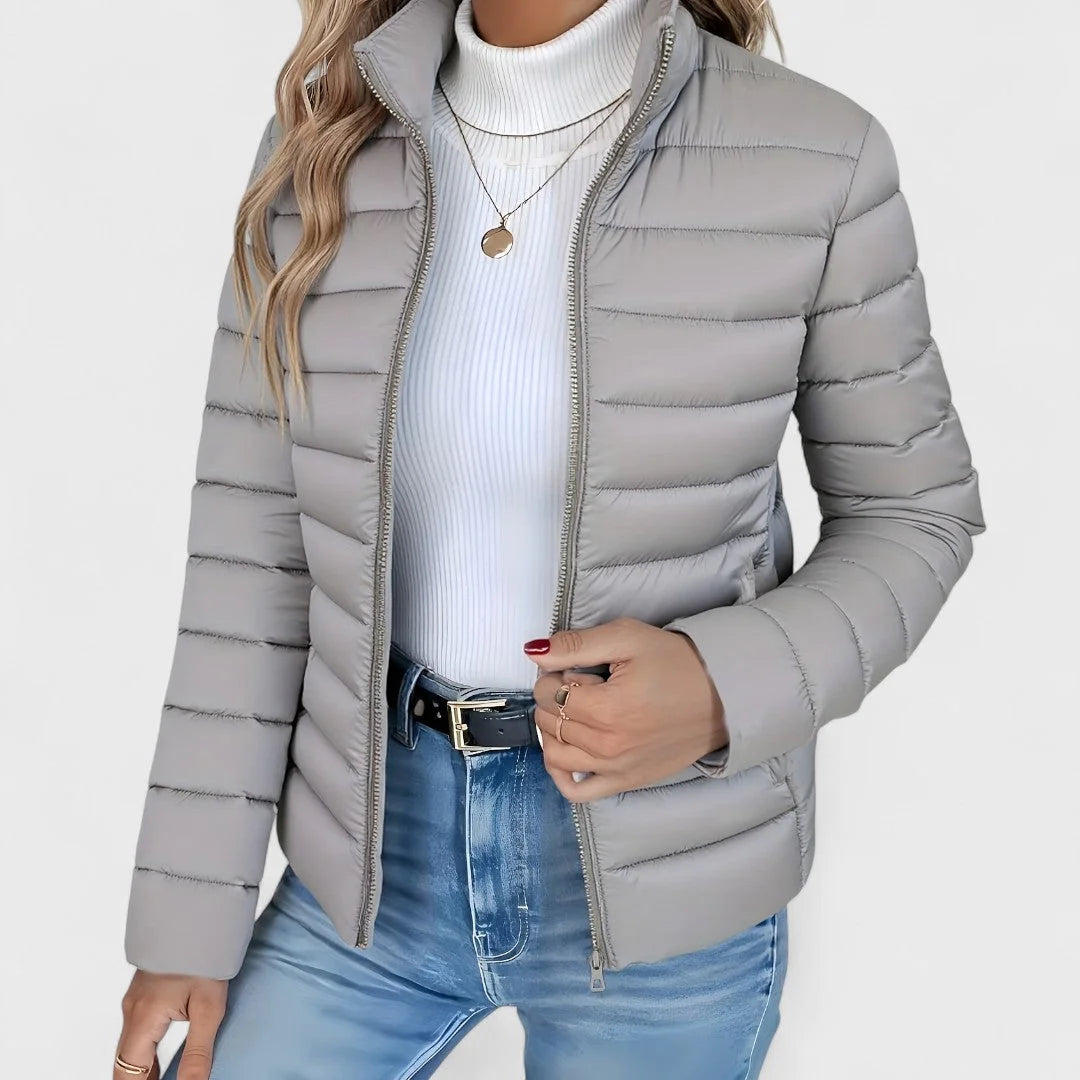 Grey Women's Quilted Jacket with Stand Collar & Zip Pockets — Lola - Front Close Red Nails
