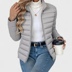 Grey Women's Quilted Jacket with Stand Collar & Zip Pockets — Lola