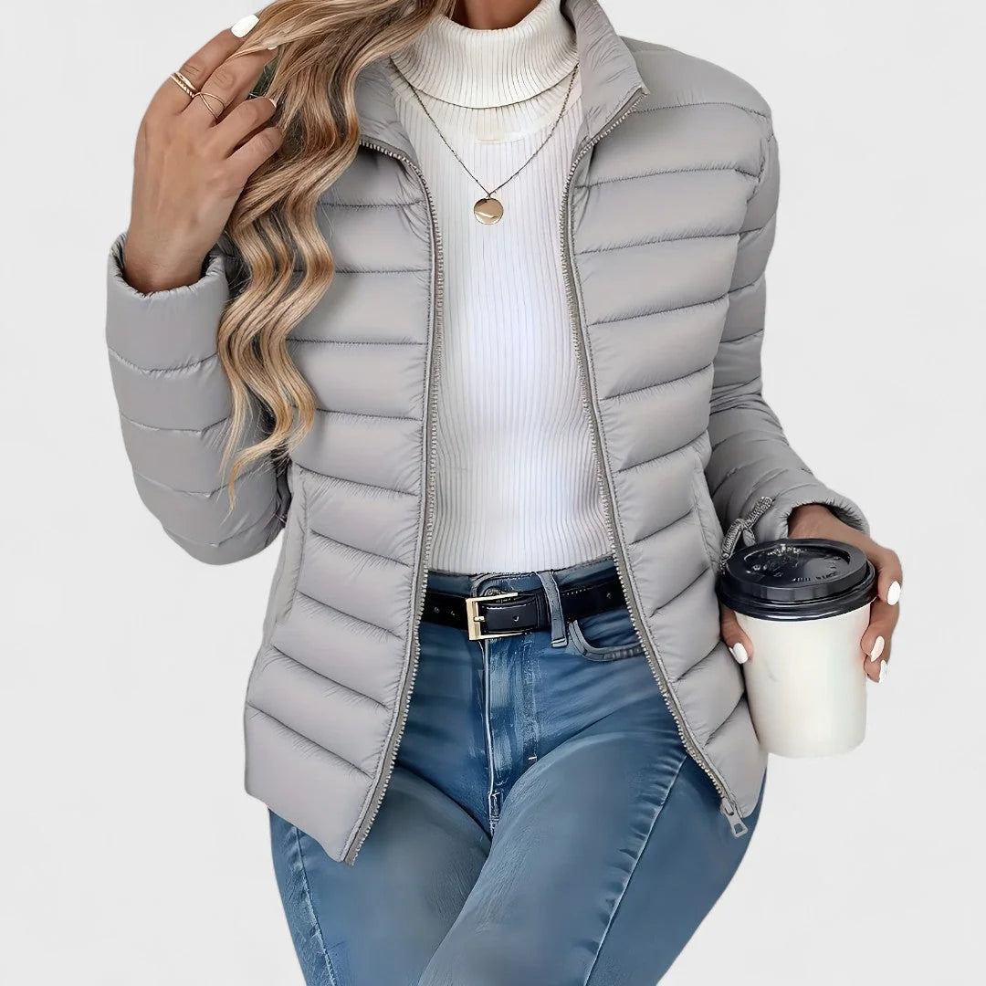 Grey Women's Quilted Jacket with Stand Collar & Zip Pockets — Lola