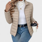 Khaki Women's Quilted Jacket with Stand Collar & Zip Pockets — Lola