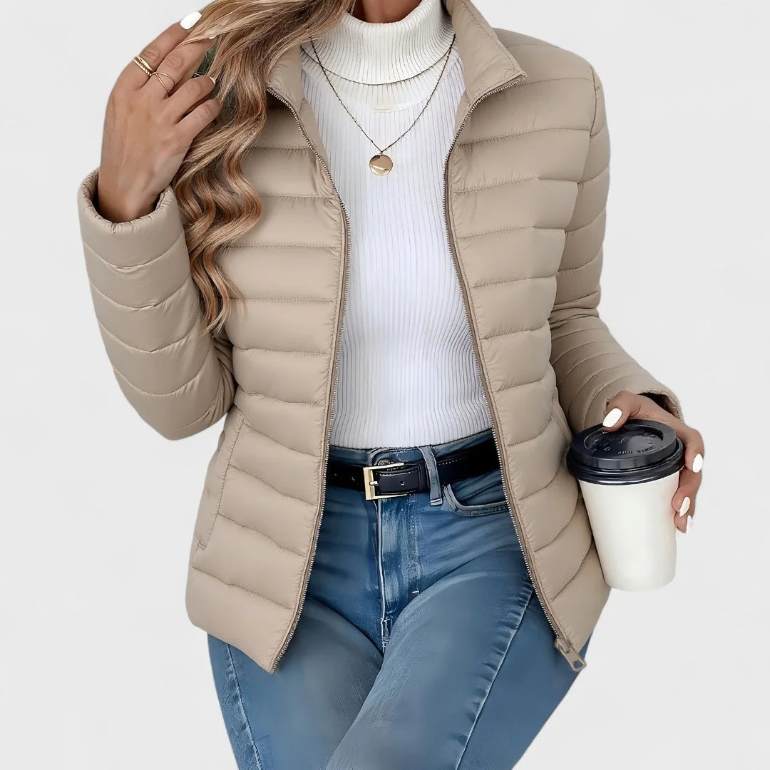 Khaki Women's Quilted Jacket with Stand Collar & Zip Pockets — Lola