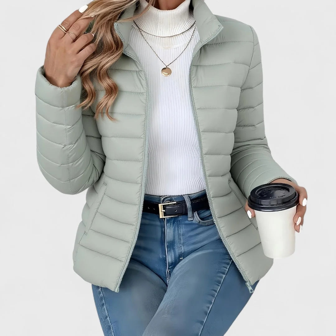 Light Green Women's Quilted Jacket with Stand Collar & Zip Pockets — Lola - Front Full Coffee Cup