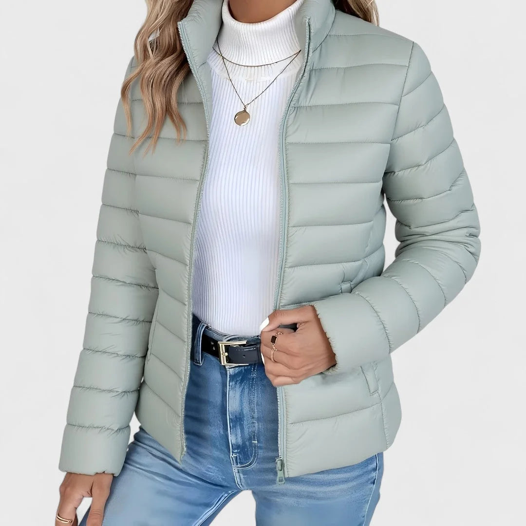 Light Green Women's Quilted Jacket with Stand Collar & Zip Pockets — Lola - Front Zipped Detail