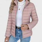 Pink Women's Quilted Jacket with Stand Collar & Zip Pockets — Lola - Front Close Zipper Pull