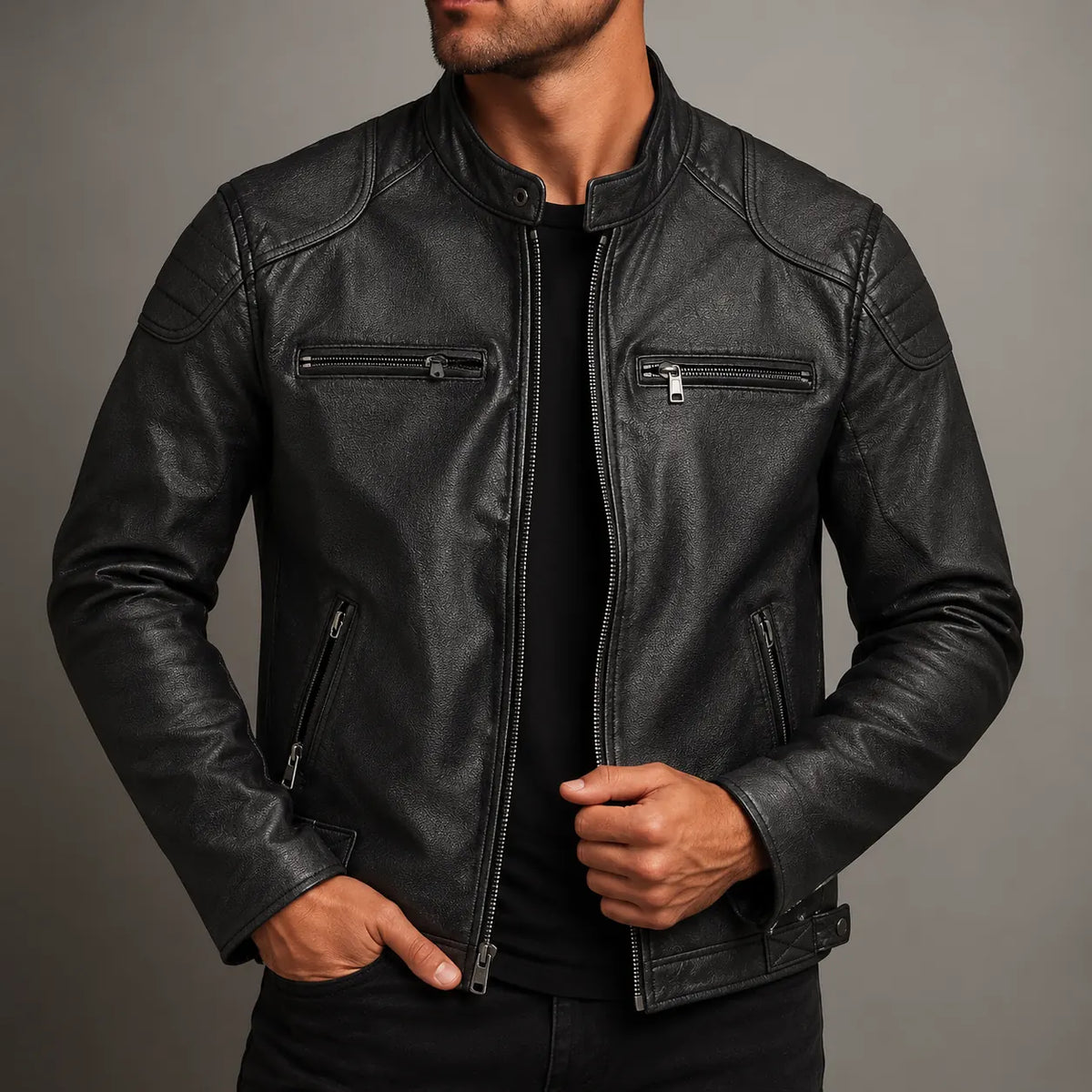 Men's Quilted Jacket with Zip-Front Closure & Snap Collar - Worn Lifestyle Front
