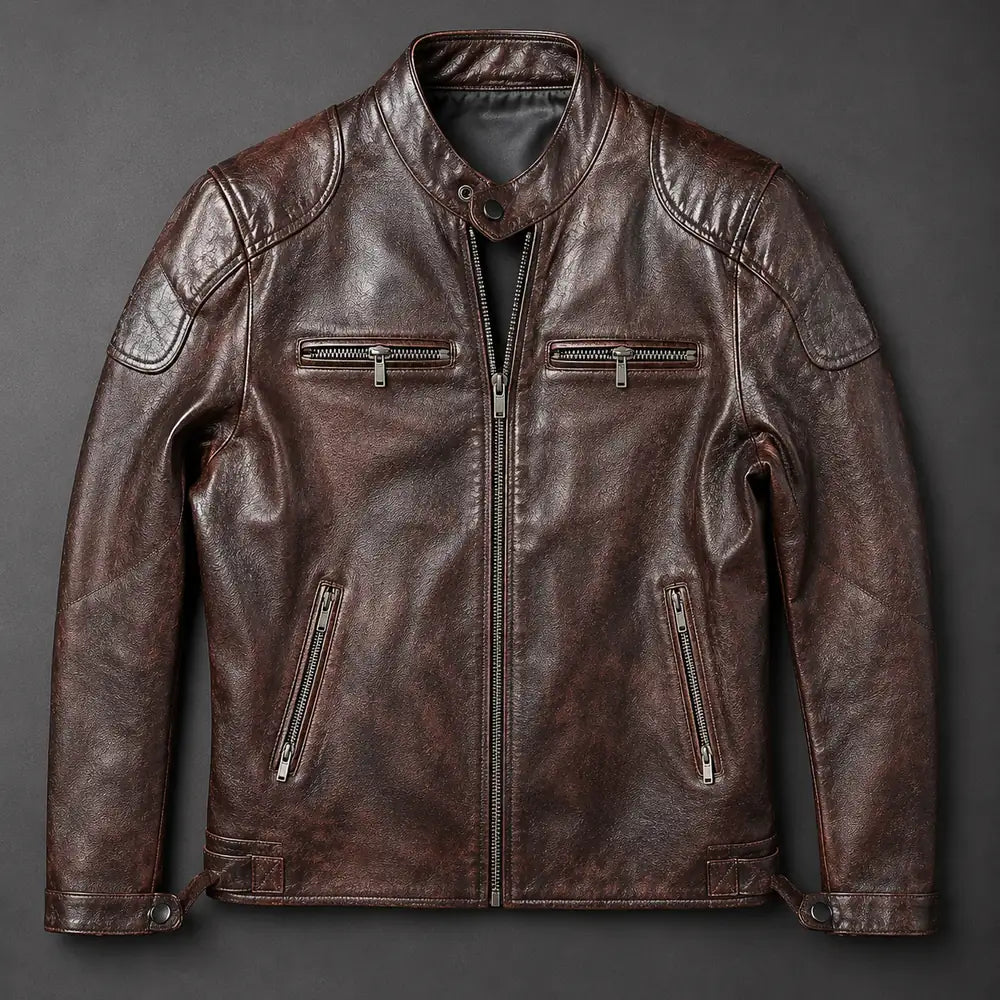 Brown Men's Quilted Jacket with Zip-Front Closure & Snap Collar