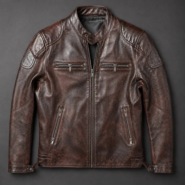Brown Men's Quilted Jacket with Zip-Front Closure & Snap Collar
