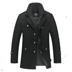 Black Men's Quilted Wool Coat with Ribbed Stand Collar & Insulated Lining