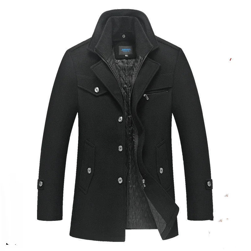 Black Men's Quilted Wool Coat with Ribbed Stand Collar & Insulated Lining