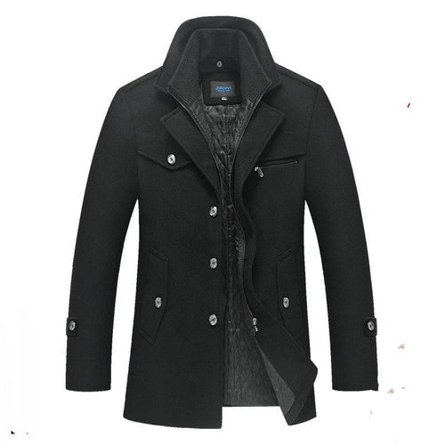 Black Men's Quilted Wool Coat with Ribbed Stand Collar & Insulated Lining
