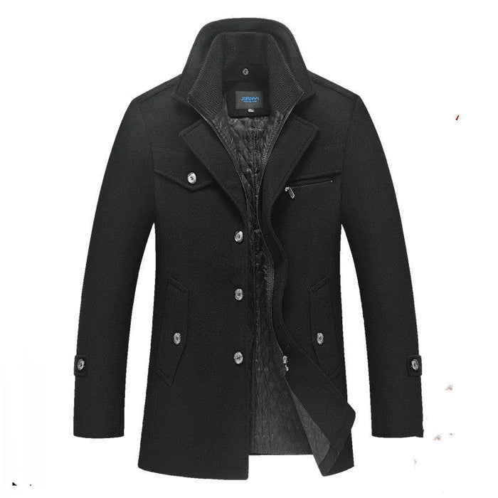 Black Men's Quilted Wool Coat with Ribbed Stand Collar & Insulated Lining