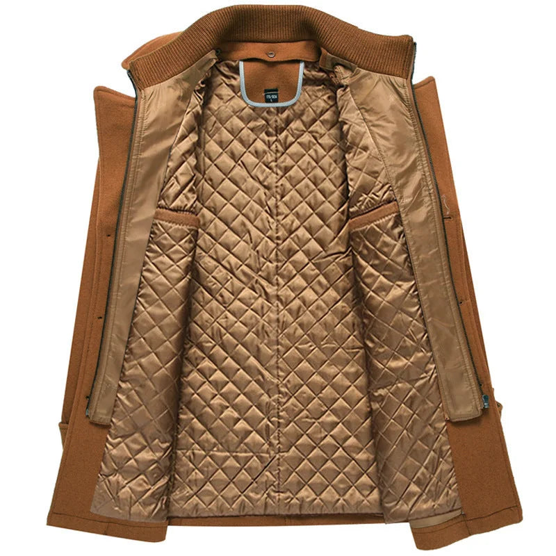 Men's Quilted Wool Coat with Ribbed Stand Collar & Insulated Lining - Lining Detail