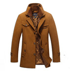 Camel Men's Quilted Wool Coat with Ribbed Stand Collar & Insulated Lining