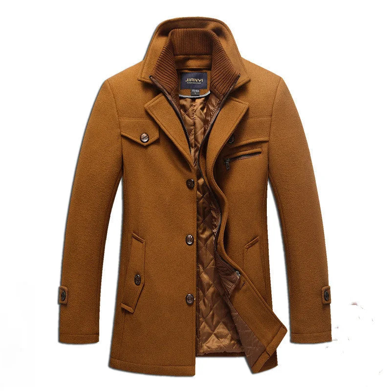 Camel Men's Quilted Wool Coat with Ribbed Stand Collar & Insulated Lining