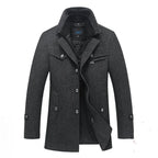 Dark Grey Men's Quilted Wool Coat with Ribbed Stand Collar & Insulated Lining