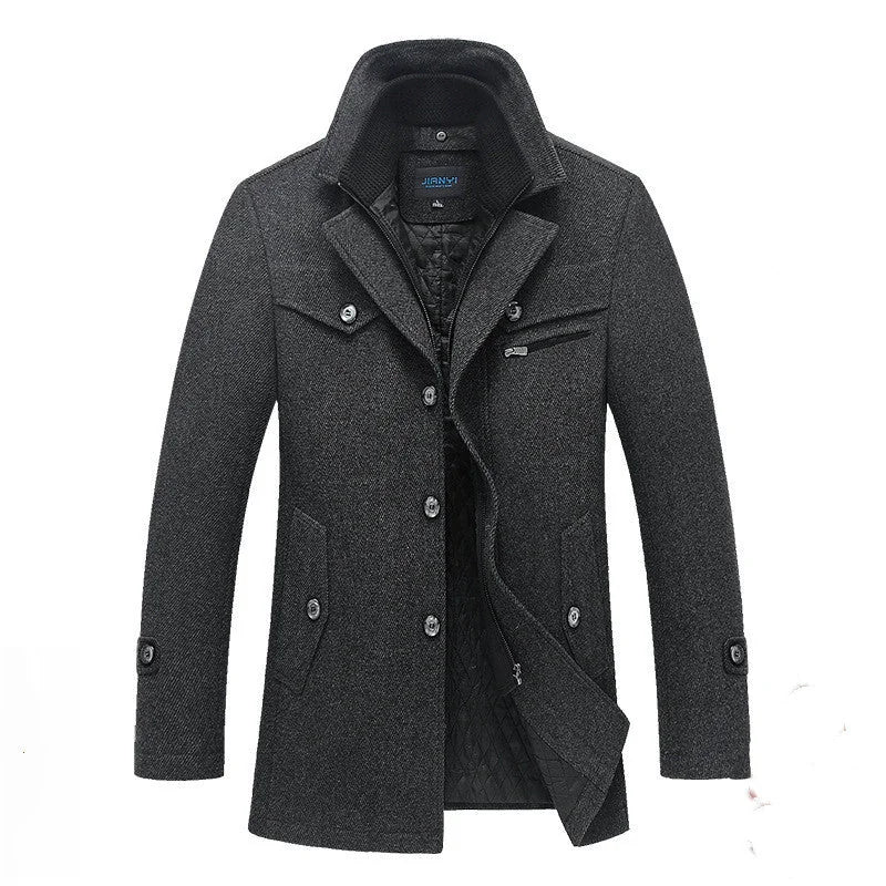 Dark Grey Men's Quilted Wool Coat with Ribbed Stand Collar & Insulated Lining