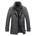 Grey Men's Quilted Wool Coat with Ribbed Stand Collar & Insulated Lining