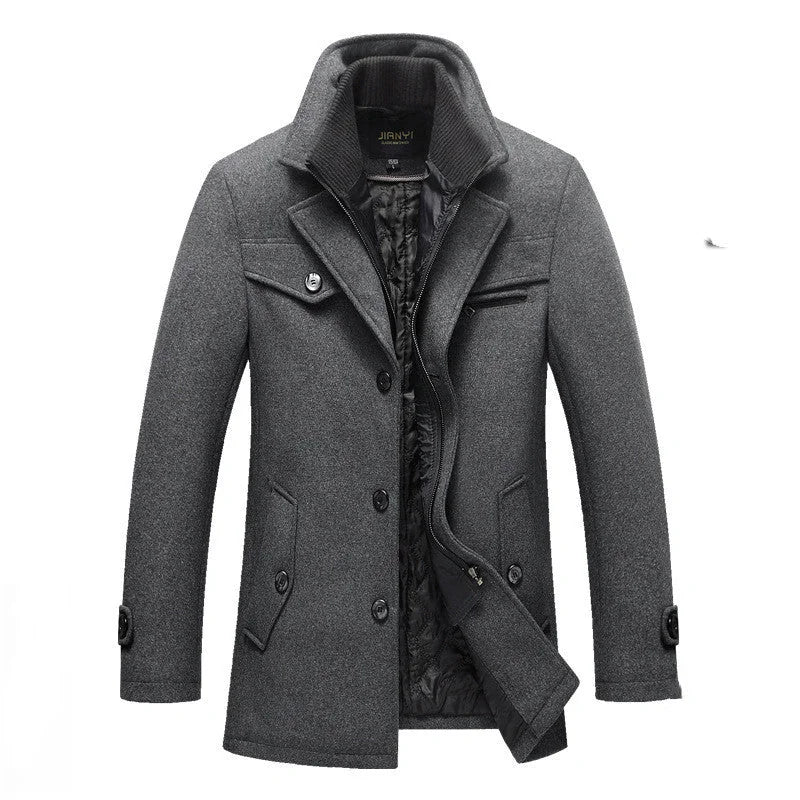 Grey Men's Quilted Wool Coat with Ribbed Stand Collar & Insulated Lining