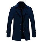 Navy Blue Men's Quilted Wool Coat with Ribbed Stand Collar & Insulated Lining
