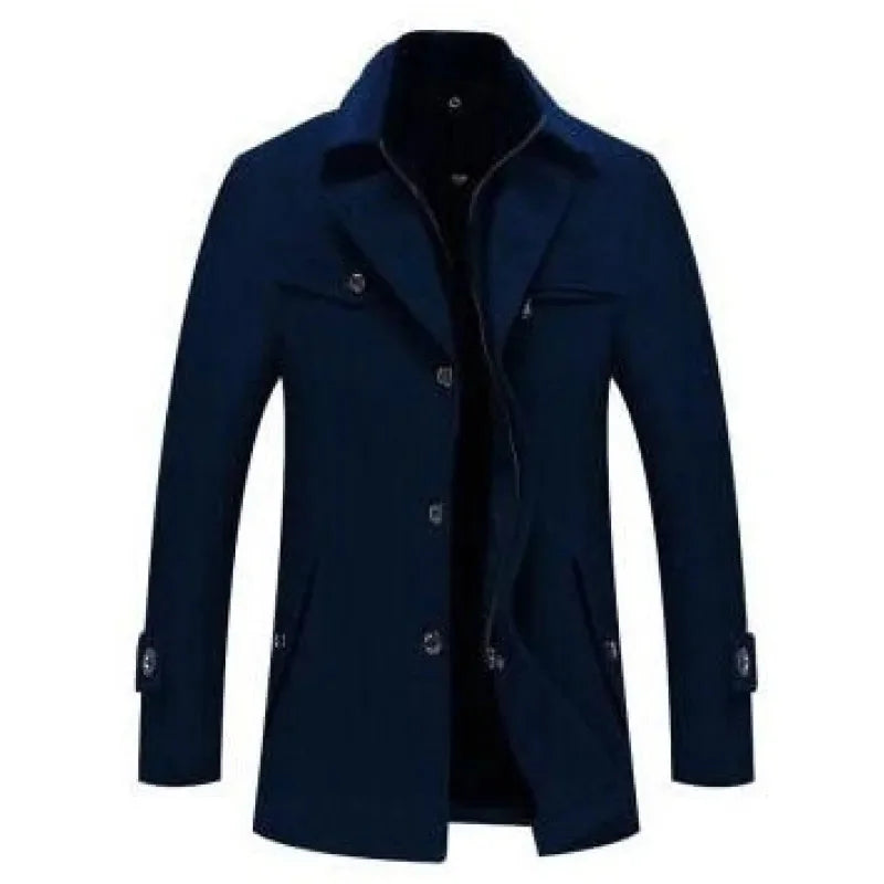 Navy Blue Men's Quilted Wool Coat with Ribbed Stand Collar & Insulated Lining