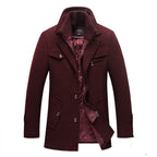 Wine Red Men's Quilted Wool Coat with Ribbed Stand Collar & Insulated Lining