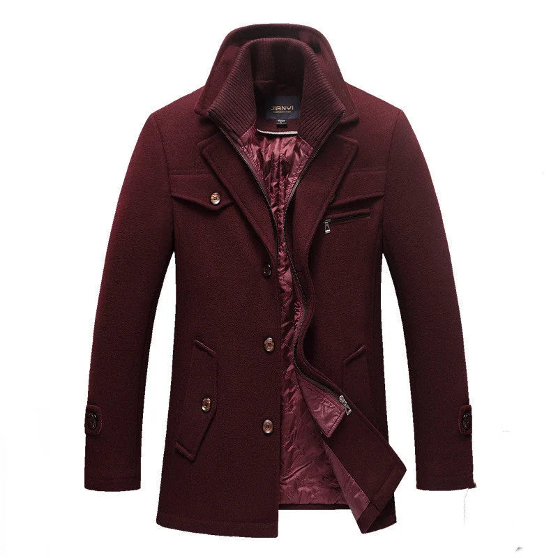 Wine Red Men's Quilted Wool Coat with Ribbed Stand Collar & Insulated Lining
